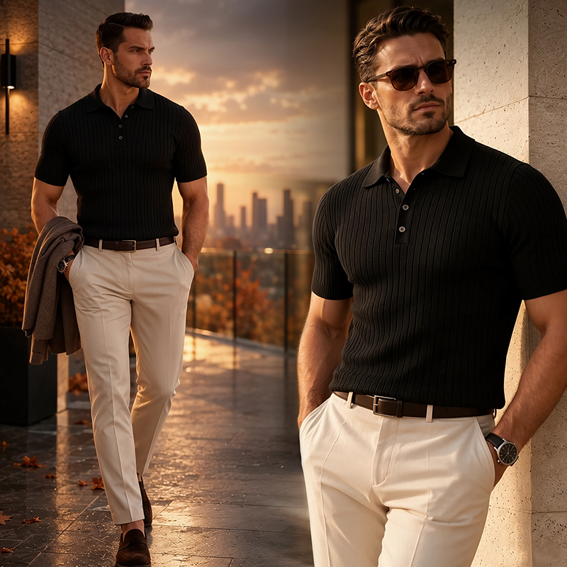 SXCHEN Men Clothes Black Vertical Ribbed Short Sleeve Polo Shirt T-Shirt Turn Down Collar Four Buttons Top Stretch Breathable Knit Fabric Muscle Slim Fit T-Shirt Men's Clothing Outdoor Casual Wear