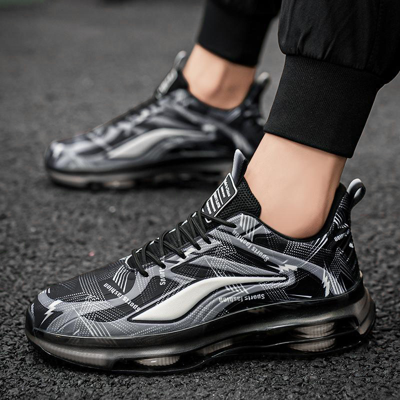SXCHEN Men Shoes Sports Casual Printed Men's Cushion Running Shoe New Summer Flats Sneakers Breathable Fly Woven Mesh Upper, Lace Up Shock Absorb Non Slip Fashion Athletic For Fitness Outdoor Black