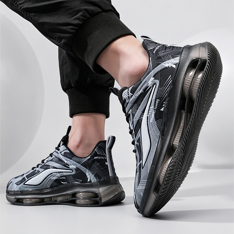 SXCHEN Men Shoes Sports Casual Printed Men's Cushion Running Shoe New Summer Flats Sneakers Breathable Fly Woven Mesh Upper, Lace Up Shock Absorb Non Slip Fashion Athletic For Fitness Outdoor Black