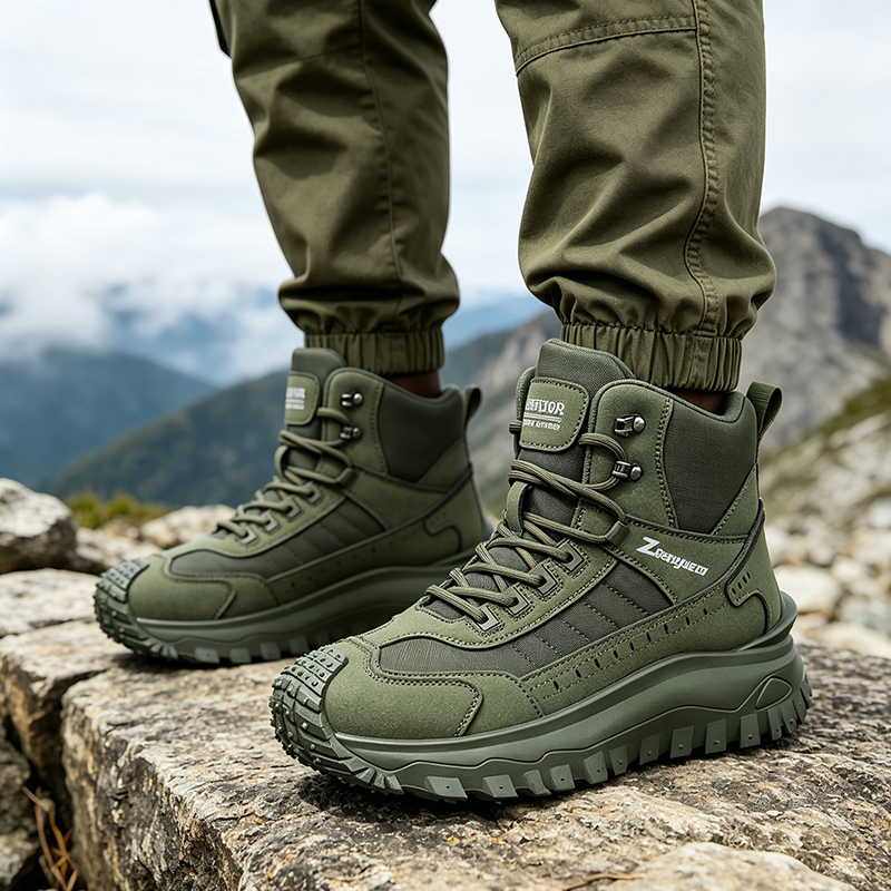 SXCHEN Men's Army Green Mid-Cut Hiking Boots, Waterproof Mesh & Synthetic Outdoor Shoes With Reinforced Toe Cap, Rugged Non-Slip Sole, Breathable Upper,  Trekking & Tactical Footwear For Men