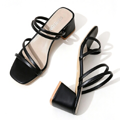 SXCHEN Women shoes Black Square Toe Block Heel Sandals, Thin Multi-Strap Slingback Mid-Heel Shoes, Minimalist Open Toe Faux Leather Heeled Slides, Casual & Dress Party Footwear For Ladies