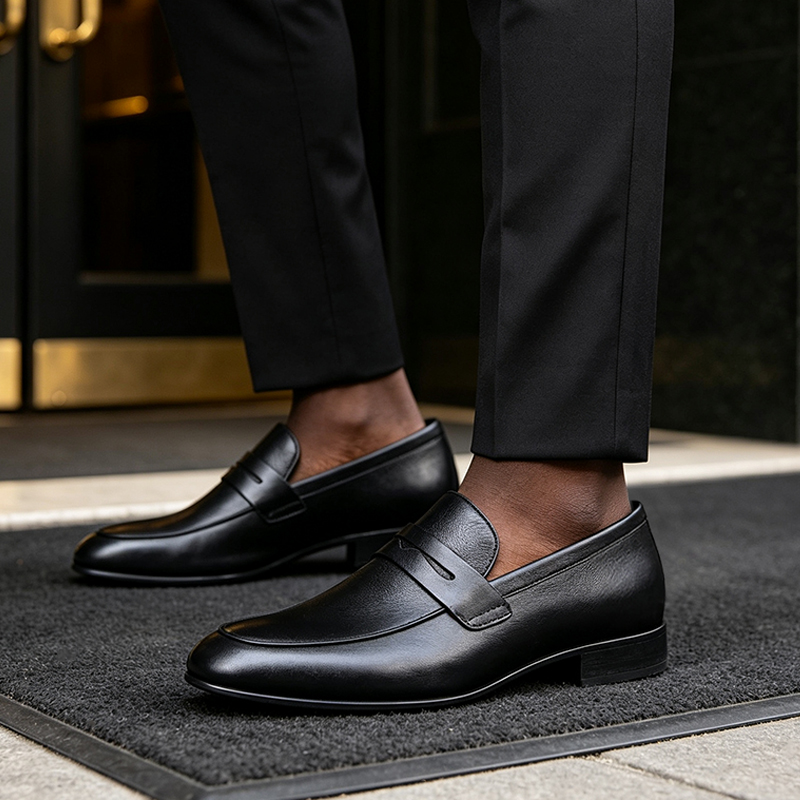 SXCHEN Men's Classic Penny Loafers, Black Artificial Leather Slip-On Formal Shoes With Textured Upper, Comfort Cushioned Insole, Versatile Business & Everyday Dress Footwear For Men
