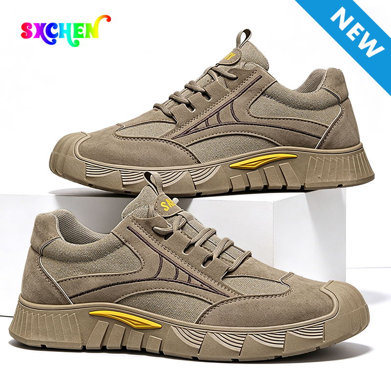 SXCHEN Men's Khaki Suede-Mesh Casual Work Sneakers, Lace-Up Reinforced Toe Shoes With Shock Absorbing Sole, Breathable Lightweight Design, Versatile Construction & Everyday Footwear For Men