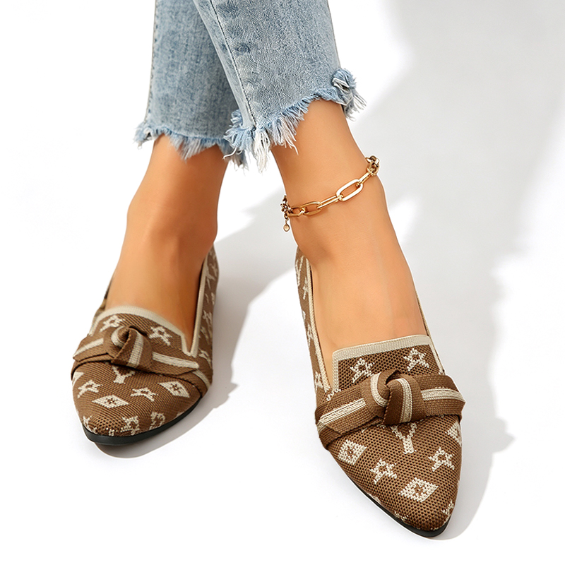 SXCHEN Women Shoes Flats Loafers Casual Slip-On Sneakers Canvas Flat shoe Brown Printed Knit Pointed Toe Bow Decor Breathable Stretch Woven Fabric Comfort Ladies Janey For Shopping Office Daily Wear
