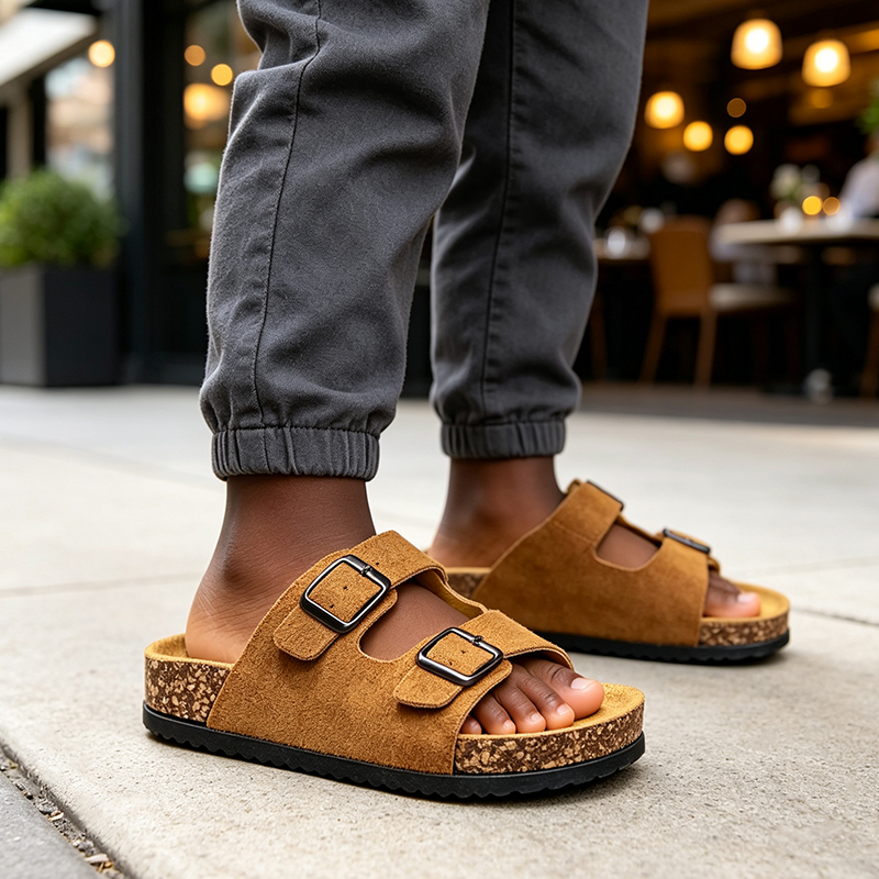 SXCHEN Kids' Brown Suede Double Buckle Sandals, Two Adjustable Straps Slip-On Slides With Soft Cork Footbed, Lightweight Non-Slip Sole, All Sizes, Versatile Home & Playground Footwear For Children
