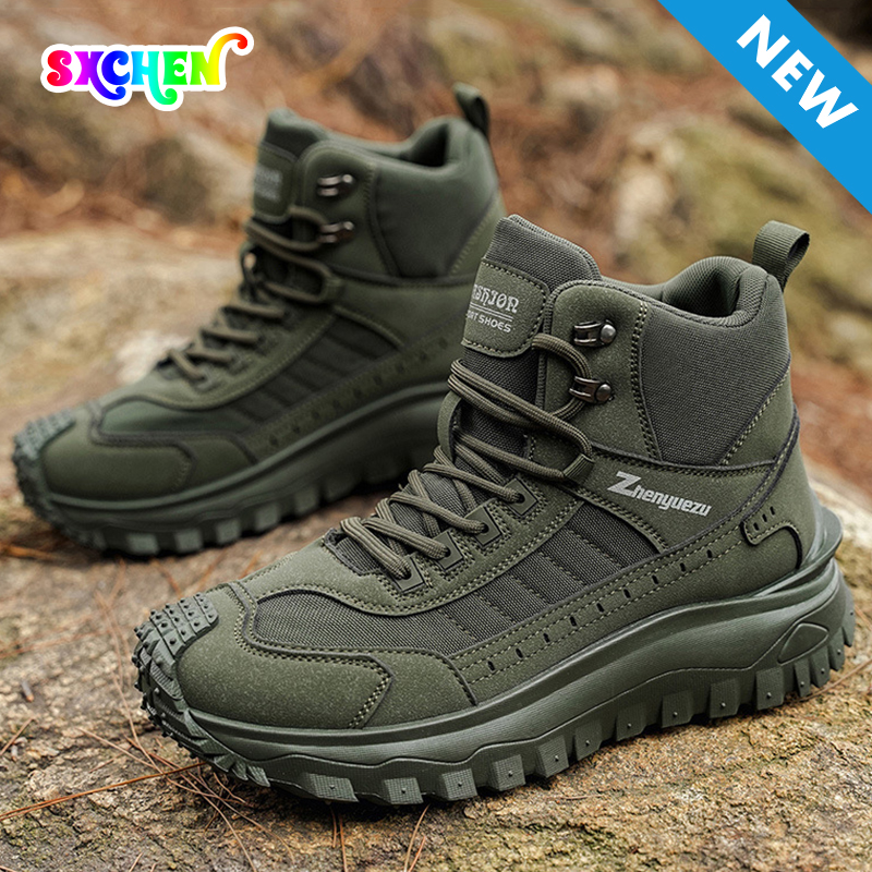 SXCHEN Men's Army Green Mid-Cut Hiking Boots, Waterproof Mesh & Synthetic Outdoor Shoes With Reinforced Toe Cap, Rugged Non-Slip Sole, Breathable Upper,  Trekking & Tactical Footwear For Men