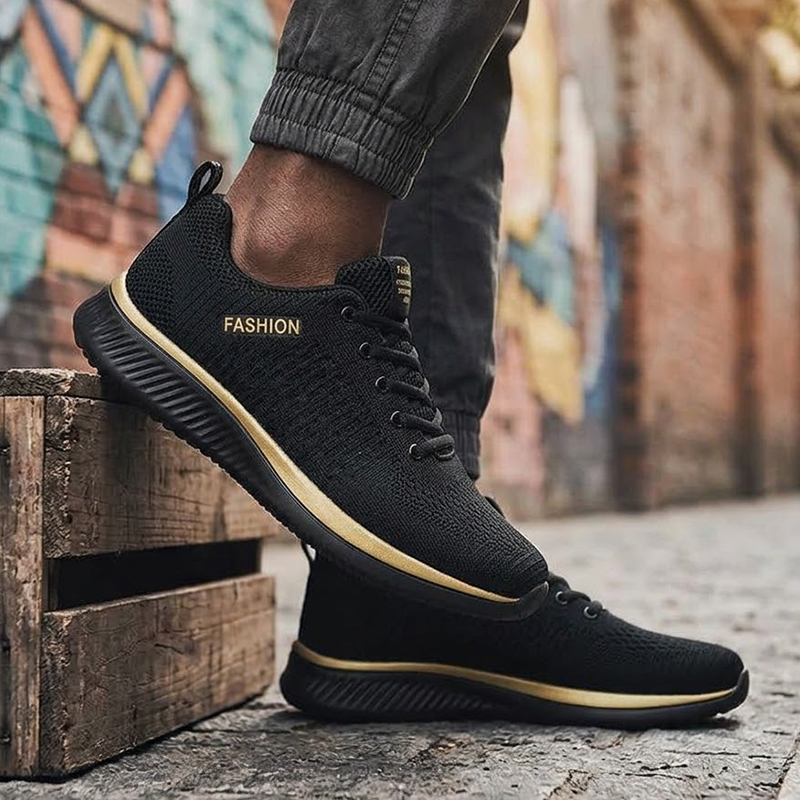 SXCHEN Men Shoes Fashion Casual Men's Sneakers Mesh Sports Shoe Breathable Air Permeable Knitted Surface Wear Resistant Comfort Cushion Insole Training Footwear For Commute Travel Outdoor Black Gold