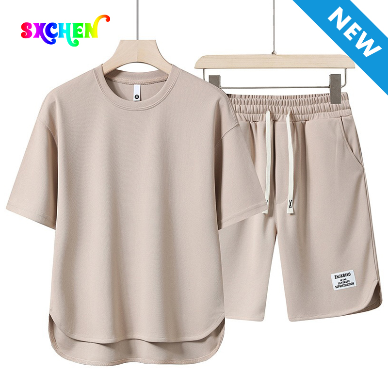 SXCHEN Men Clothes Clothing T-Shirt+Short Two-Piece Outfits Summer Casual Men's T-shirt Plain Crew Neck Curved Hem Tee, Elastic Waist Drawstring Label Shorts, Lightweight Comfort Sport Suit