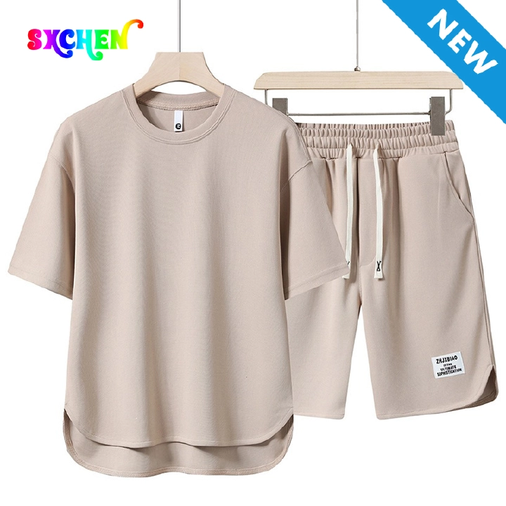 SXCHEN Men Clothes Clothing T-Shirt+Short Two-Piece Outfits Summer Casual Men's T-shirt Plain Crew Neck Curved Hem Tee, Elastic Waist Drawstring Label Shorts, Lightweight Comfort Sport Suit