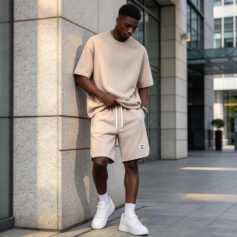 SXCHEN Men Clothes Clothing T-Shirt+Short Two-Piece Outfits Summer Casual Men's T-shirt Plain Crew Neck Curved Hem Tee, Elastic Waist Drawstring Label Shorts, Lightweight Comfort Sport Suit