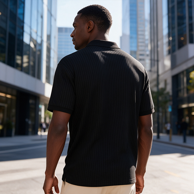 SXCHEN Men Clothes Black Vertical Ribbed Short Sleeve Polo Shirt T-Shirt Turn Down Collar Four Buttons Top Stretch Breathable Knit Fabric Muscle Slim Fit T-Shirt Men's Clothing Outdoor Casual Wear