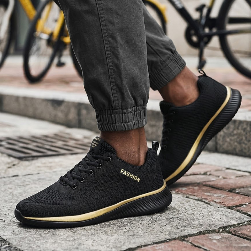 SXCHEN Men Shoes Fashion Casual Men's Sneakers Mesh Sports Shoe Breathable Air Permeable Knitted Surface Wear Resistant Comfort Cushion Insole Training Footwear For Commute Travel Outdoor Black Gold