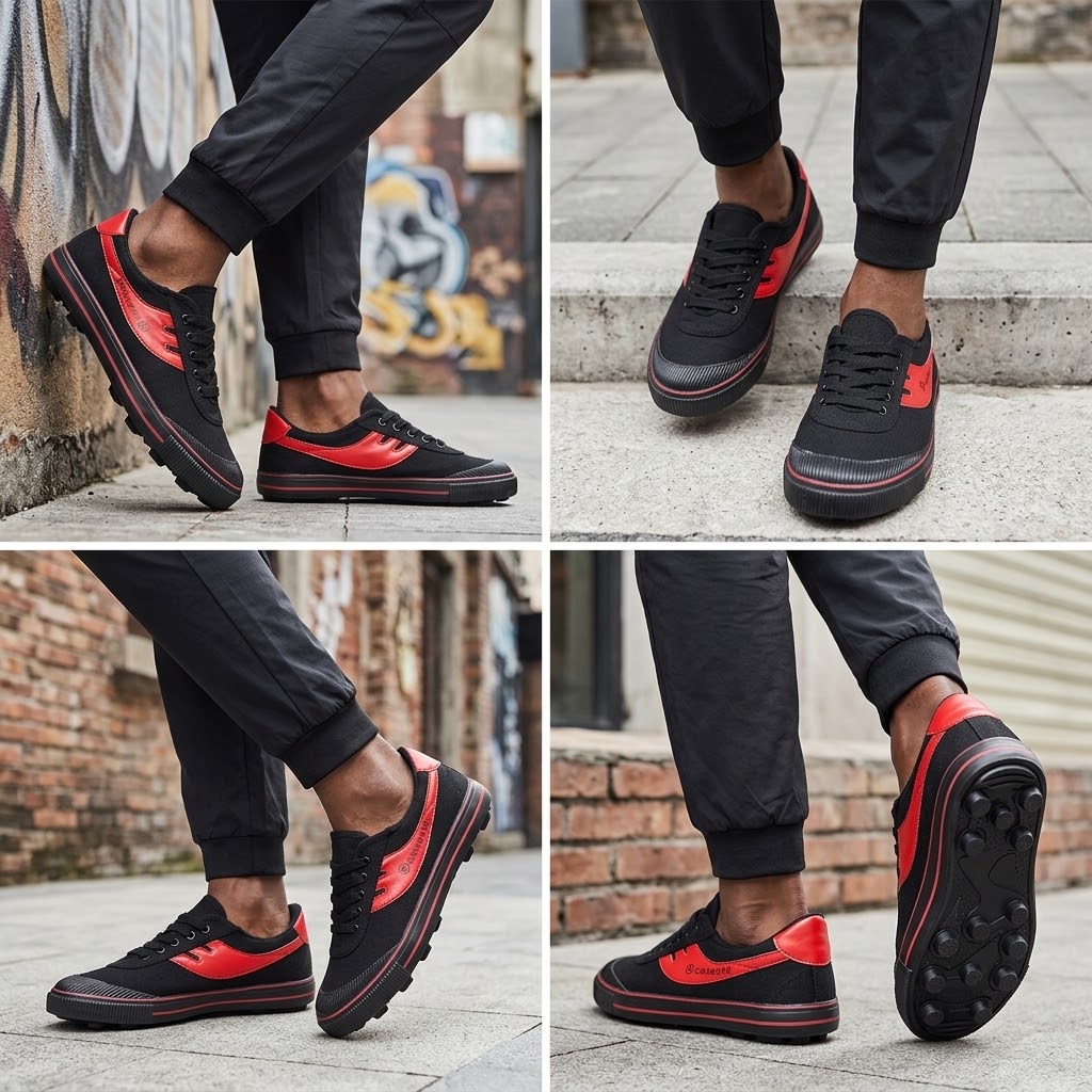 SXCHEN Men Shoes Sneakers Soccer Training Shoe Black Durable Canvas With Red Accents, Padded Collar, Flexible Traction Sole, Ideal For Street Fashion Outdoor Sports Commuter Canvas Men's Shoe
