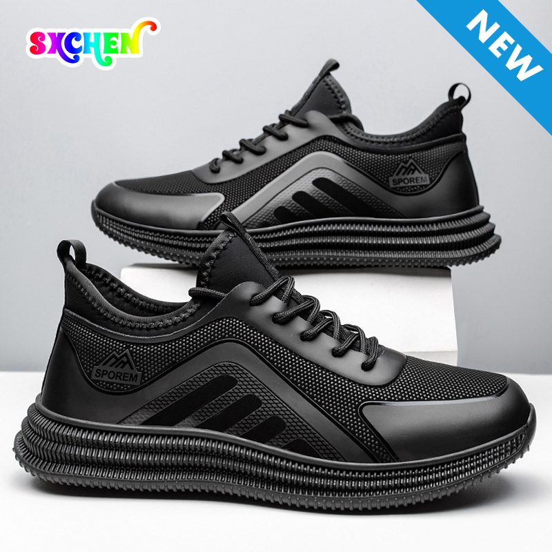 SXCHEN Men Shoes Casual Sneakers Running Shoe Low-Top Breathable Flat Sports Slip-on Business Synthetic Upper Lace Up Shock Absorb Thick Non Slip Sole Men's Work Outdoor Daily Walking Black