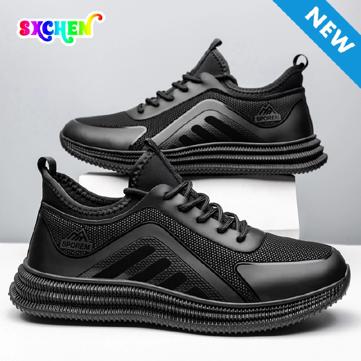 SXCHEN Men Shoes Casual Sneakers Running Shoe Low-Top Breathable Flat Sports Slip-on Business Synthetic Upper Lace Up Shock Absorb Thick Non Slip Sole Men's Work Outdoor Daily Walking Black