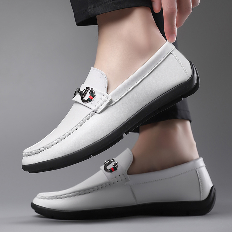 SXCHEN Men's White Casual Horsebit Loafers, Slip-On Faux Leather Shoes With Classic Metal Ornament And Web Detail, Comfort Cushioned Insole, Multiple Sizes,Trendy Office & Daily Wear Footwear For Guys