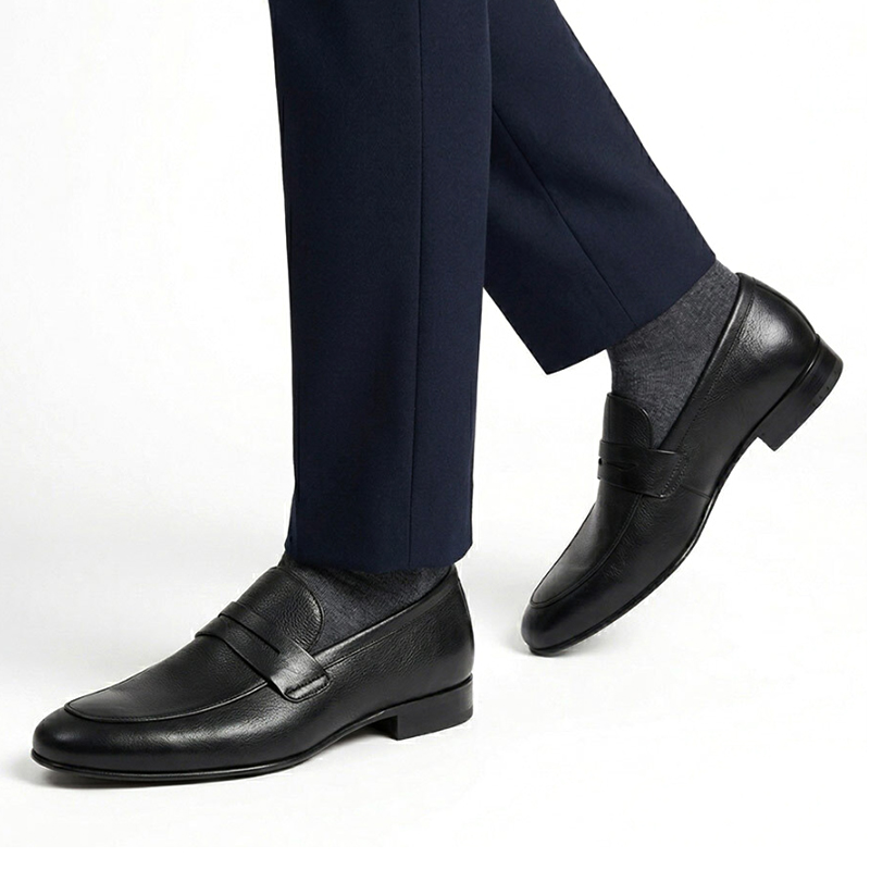 SXCHEN Men's Classic Penny Loafers, Black Artificial Leather Slip-On Formal Shoes With Textured Upper, Comfort Cushioned Insole, Versatile Business & Everyday Dress Footwear For Men