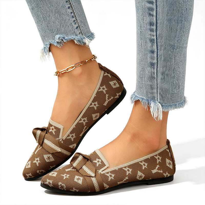 SXCHEN Women Shoes Flats Loafers Casual Slip-On Sneakers Canvas Flat shoe Brown Printed Knit Pointed Toe Bow Decor Breathable Stretch Woven Fabric Comfort Ladies Janey For Shopping Office Daily Wear