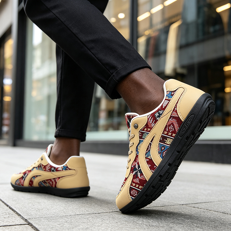 SXCHEN Men shoes Tribal Print Retro Sneakers, Red Yellow Geometric Pattern Lace-Up Shoes With Canvas & Faux Leather Upper, Comfort Cushioned Insole, Versatile Casual & Streetwear Footwear For Men's