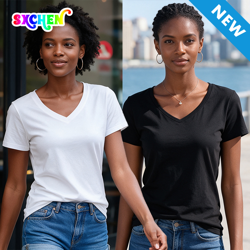 SXCHEN Women Clothing T-Shirts Tops Lady Clothes 2-Pack Solid V Neck Short Sleeve T-Shirt, Black White Soft Stretch Breathable Fabric Slim Fit Casual Tops For Daily Shopping Office Summer Outdoor Wear