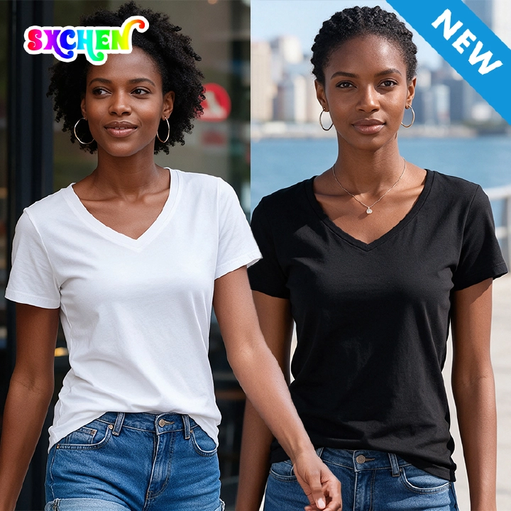 SXCHEN Women Clothing T-Shirts Tops Lady Clothes 2-Pack Solid V Neck Short Sleeve T-Shirt, Black White Soft Stretch Breathable Fabric Slim Fit Casual Tops For Daily Shopping Office Summer Outdoor Wear