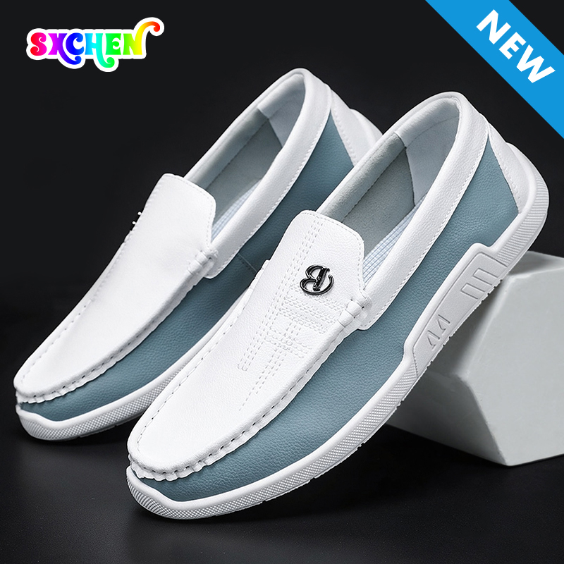 SXCHEN Men Shoes Loafers Slip‑On Faux Leather Spliced Casual White Business Flat Sneakers Elegant Men's Shoe Lightweight Soft Sole Non‑Slip Wear‑Resistant Fashion Trendy Office Daily Wear Footwear PU