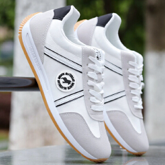 SXCHEN Men Shoes Casual Sneakers Flat Running Business Formal Sports Fabric Faux‑Leather Spliced Upper Lightweight Breathable Non‑Slip Fashion Vintage Athletic For Daily Commute Outdoor Walking-White