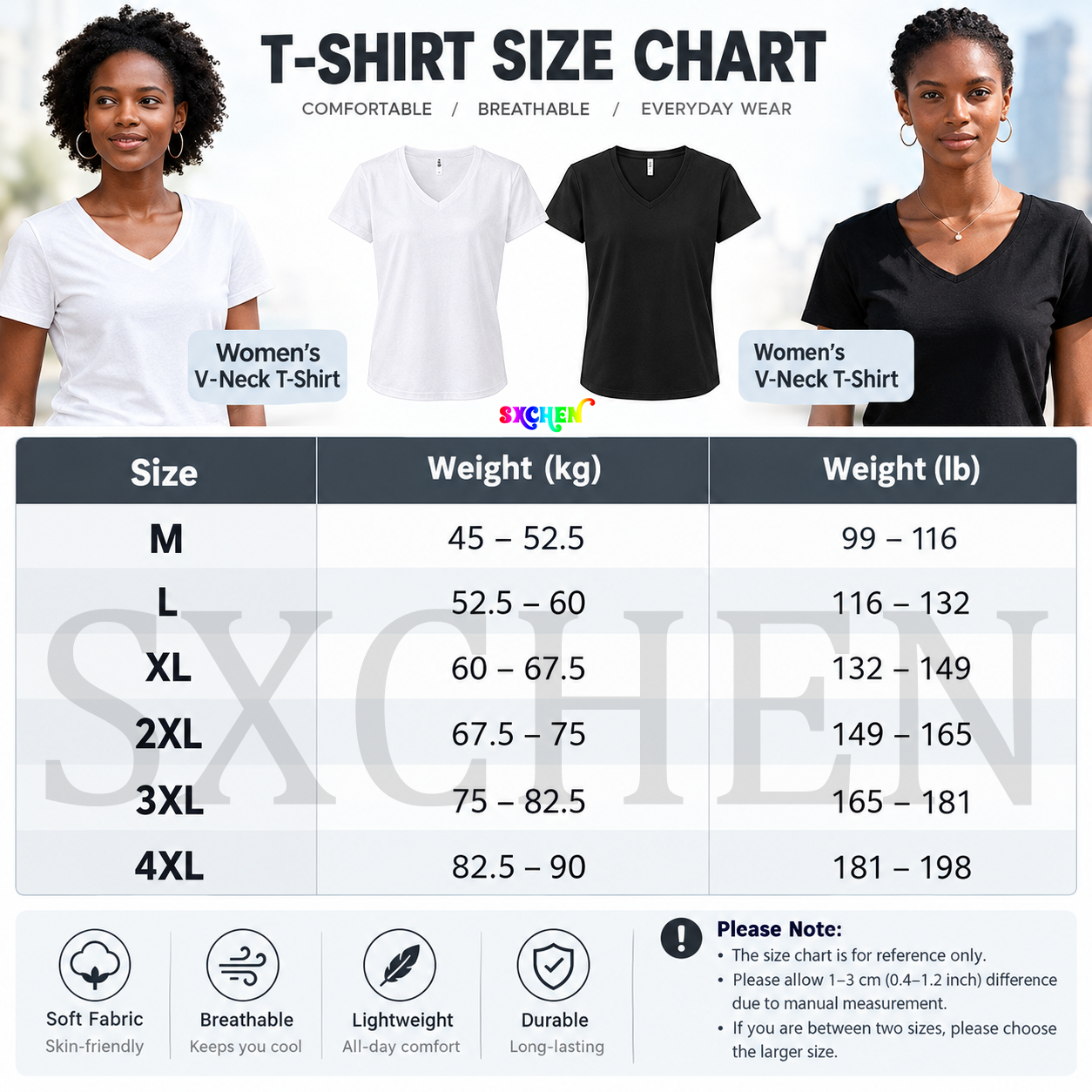 SXCHEN Women Clothing T-Shirts Tops Lady Clothes 2-Pack Solid V Neck Short Sleeve T-Shirt, Black White Soft Stretch Breathable Fabric Slim Fit Casual Tops For Daily Shopping Office Summer Outdoor Wear
