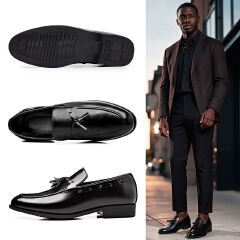 SXCHEN Men Shoes Oxfords Casual Loafers Elegant Tassel Slip‑On Business Footwear Glossy PU Leather Upper Low Block Heel Non‑Slip Sole Men's Shoe Male Office Work Business Banquet Occasion Black Dad