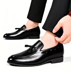 SXCHEN Men Shoes Oxfords Casual Loafers Elegant Tassel Slip‑On Business Footwear Glossy PU Leather Upper Low Block Heel Non‑Slip Sole Men's Shoe Male Office Work Business Banquet Occasion Black Dad