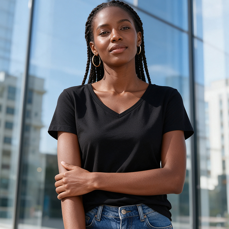SXCHEN Women Clothing T-Shirts Tops Lady Clothes 2-Pack Solid V Neck Short Sleeve T-Shirt, Black White Soft Stretch Breathable Fabric Slim Fit Casual Tops For Daily Shopping Office Summer Outdoor Wear