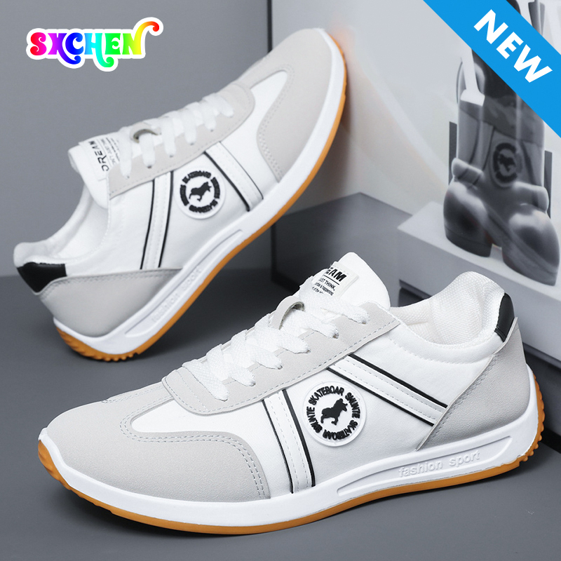 SXCHEN Men Shoes Casual Sneakers Flat Running Business Formal Sports Fabric Faux‑Leather Spliced Upper Lightweight Breathable Non‑Slip Fashion Vintage Athletic For Daily Commute Outdoor Walking-White