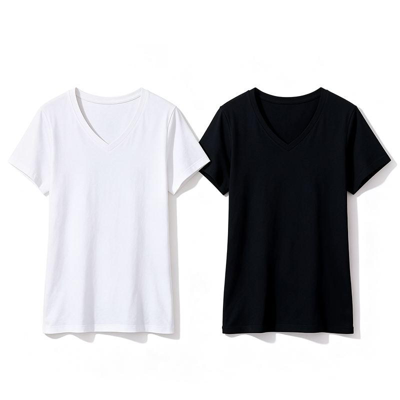SXCHEN Women Clothing T-Shirts Tops Lady Clothes 2-Pack Solid V Neck Short Sleeve T-Shirt, Black White Soft Stretch Breathable Fabric Slim Fit Casual Tops For Daily Shopping Office Summer Outdoor Wear