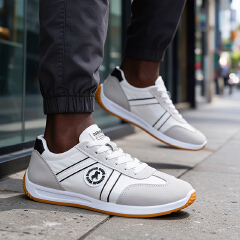 SXCHEN Men Shoes Casual Sneakers Flat Running Business Formal Sports Fabric Faux‑Leather Spliced Upper Lightweight Breathable Non‑Slip Fashion Vintage Athletic For Daily Commute Outdoor Walking-White