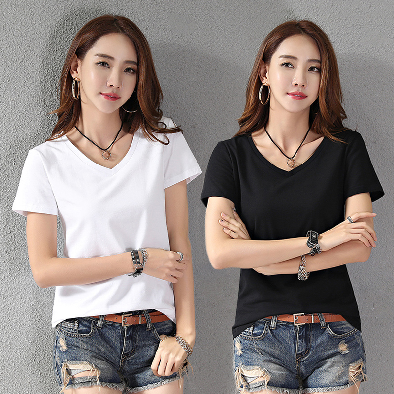 SXCHEN Women Clothing T-Shirts Tops Lady Clothes 2-Pack Solid V Neck Short Sleeve T-Shirt, Black White Soft Stretch Breathable Fabric Slim Fit Casual Tops For Daily Shopping Office Summer Outdoor Wear
