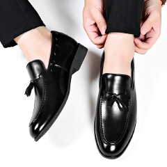 SXCHEN Men Shoes Oxfords Casual Loafers Elegant Tassel Slip‑On Business Footwear Glossy PU Leather Upper Low Block Heel Non‑Slip Sole Men's Shoe Male Office Work Business Banquet Occasion Black Dad
