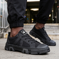 SXCHEN Men Shoes Work Casual Sneakers Canvas Athletic Training Sports Hiking Durable Thick Serrated Non‑Slip Men's Shoe Outsole Toe Cap Wear‑Resistant Breathable Footwear Boy For Outdoor Working Black