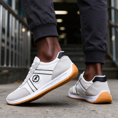 SXCHEN Men Shoes Casual Sneakers Flat Running Business Formal Sports Fabric Faux‑Leather Spliced Upper Lightweight Breathable Non‑Slip Fashion Vintage Athletic For Daily Commute Outdoor Walking-White
