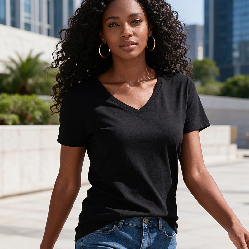 SXCHEN Women Clothing T-Shirts Tops Lady Clothes 2-Pack Solid V Neck Short Sleeve T-Shirt, Black White Soft Stretch Breathable Fabric Slim Fit Casual Tops For Daily Shopping Office Summer Outdoor Wear