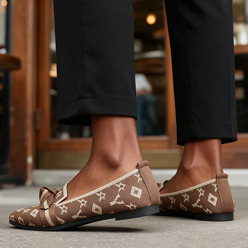 SXCHEN Women Shoes Flats Loafers Casual Slip-On Sneakers Canvas Flat shoe Brown Printed Knit Pointed Toe Bow Decor Breathable Stretch Woven Fabric Comfort Ladies Janey For Shopping Office Daily Wear
