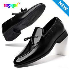 SXCHEN Men Shoes Oxfords Casual Loafers Elegant Tassel Slip‑On Business Footwear Glossy PU Leather Upper Low Block Heel Non‑Slip Sole Men's Shoe Male Office Work Business Banquet Occasion Black Dad