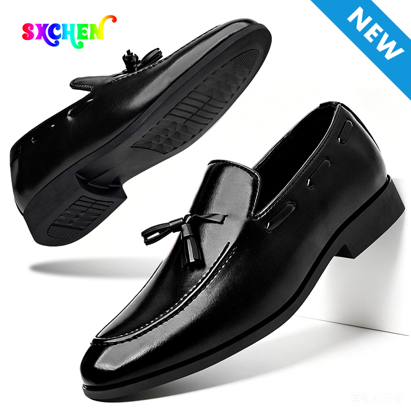 SXCHEN Men Shoes Oxfords Casual Loafers Elegant Tassel Slip‑On Business Footwear Glossy PU Leather Upper Low Block Heel Non‑Slip Sole Men's Shoe Male Office Work Business Banquet Occasion Black Dad