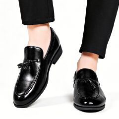 SXCHEN Men Shoes Oxfords Casual Loafers Elegant Tassel Slip‑On Business Footwear Glossy PU Leather Upper Low Block Heel Non‑Slip Sole Men's Shoe Male Office Work Business Banquet Occasion Black Dad