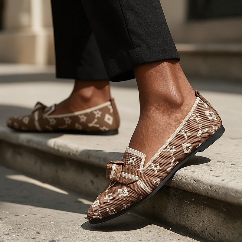 SXCHEN Women Shoes Flats Loafers Casual Slip-On Sneakers Canvas Flat shoe Brown Printed Knit Pointed Toe Bow Decor Breathable Stretch Woven Fabric Comfort Ladies Janey For Shopping Office Daily Wear