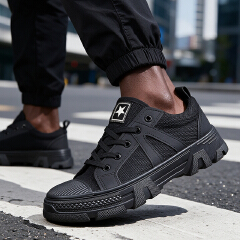 SXCHEN Men Shoes Work Casual Sneakers Canvas Athletic Training Sports Hiking Durable Thick Serrated Non‑Slip Men's Shoe Outsole Toe Cap Wear‑Resistant Breathable Footwear Boy For Outdoor Working Black