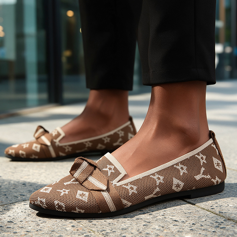 SXCHEN Women Shoes Flats Loafers Casual Slip-On Sneakers Canvas Flat shoe Brown Printed Knit Pointed Toe Bow Decor Breathable Stretch Woven Fabric Comfort Ladies Janey For Shopping Office Daily Wear