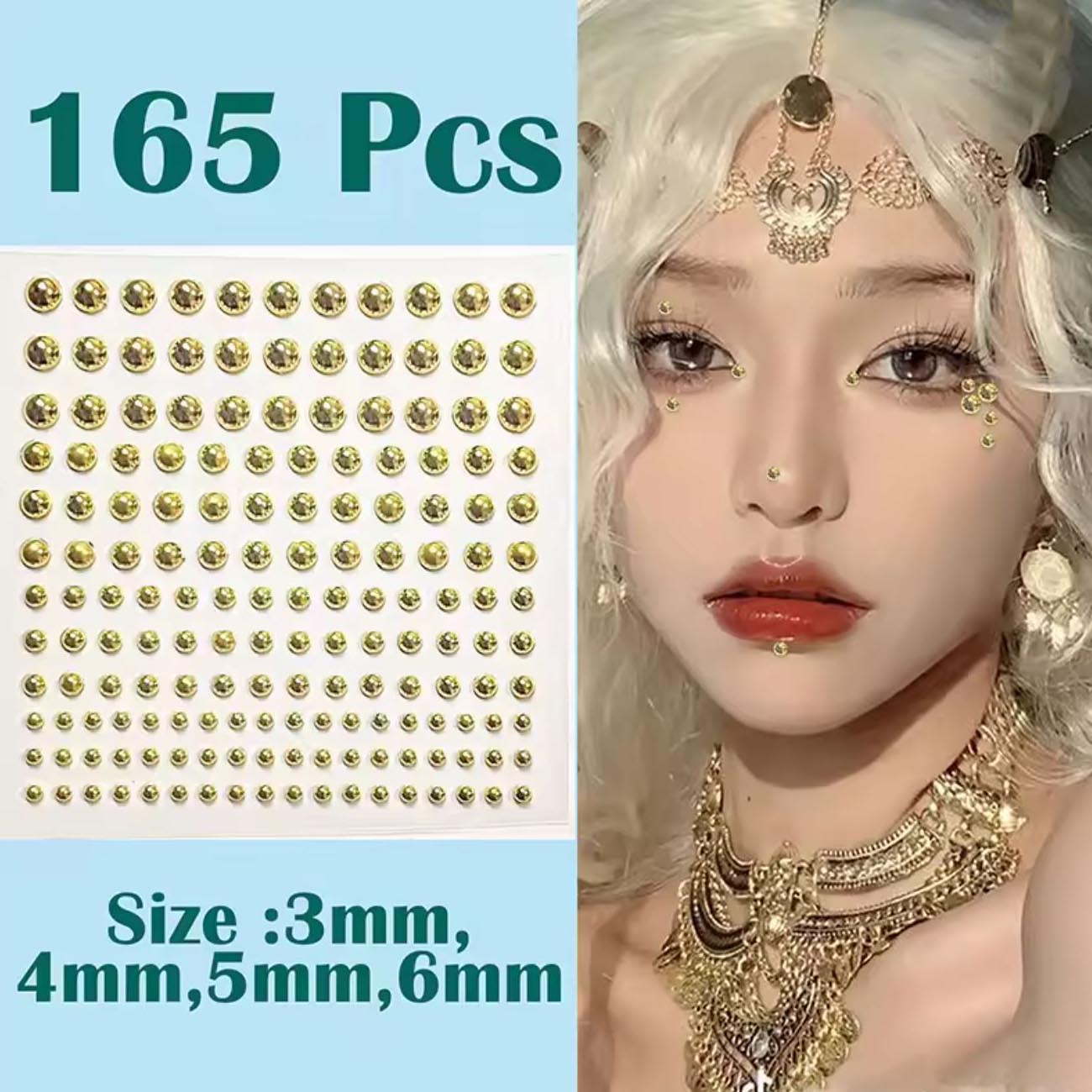 165pcs Gold Colour Self Adhesive Faux Diamond Sticker Fake Nose Stud Rhinestones Non Piercing Eye Ear Face Body Jewelry For Women Acrylic Crystal Lip Facial Nail