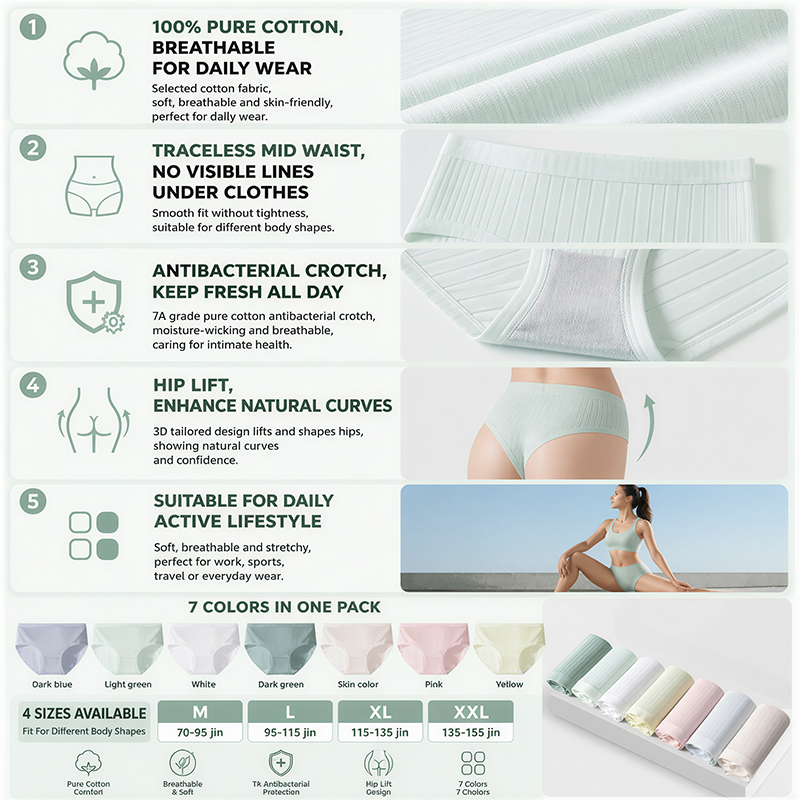 7 Pcs Women Clothes Pure Cotton Sports Style Women's Underwear Women's Panties Ladies Triangle Shorts No Trace Mid Waist Antibacterial Crotch Belly Hip Lift Seamless Breathable Woman Clothes