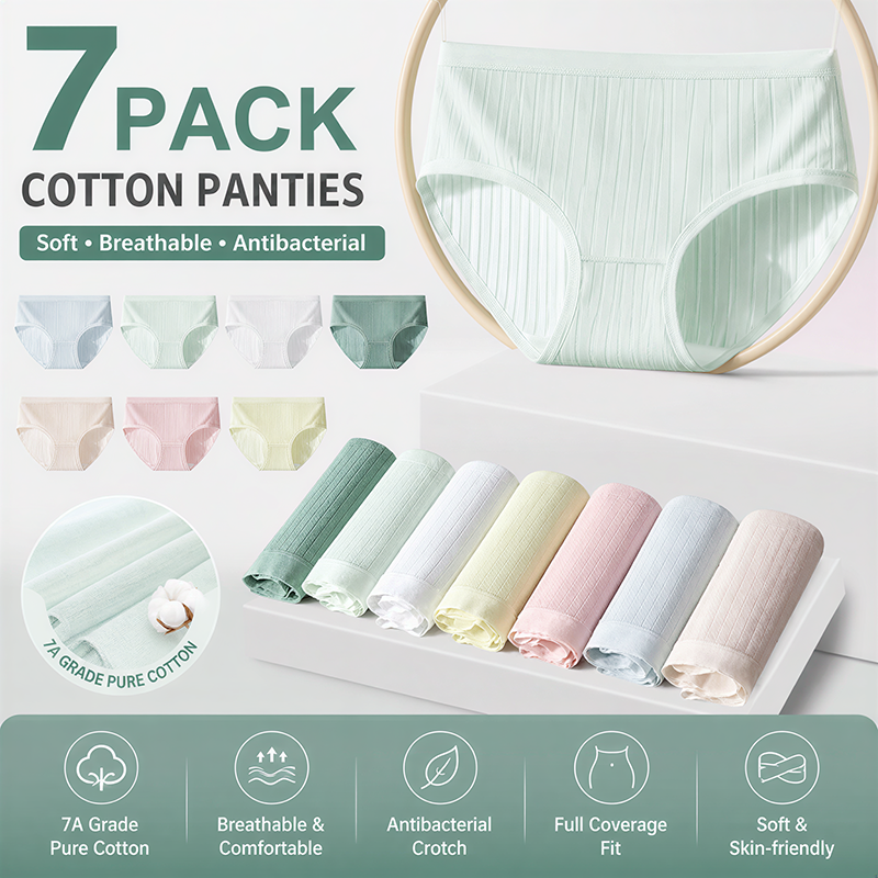 7 Pcs Women Clothes Pure Cotton Sports Style Women's Underwear Women's Panties Ladies Triangle Shorts No Trace Mid Waist Antibacterial Crotch Belly Hip Lift Seamless Breathable Woman Clothes