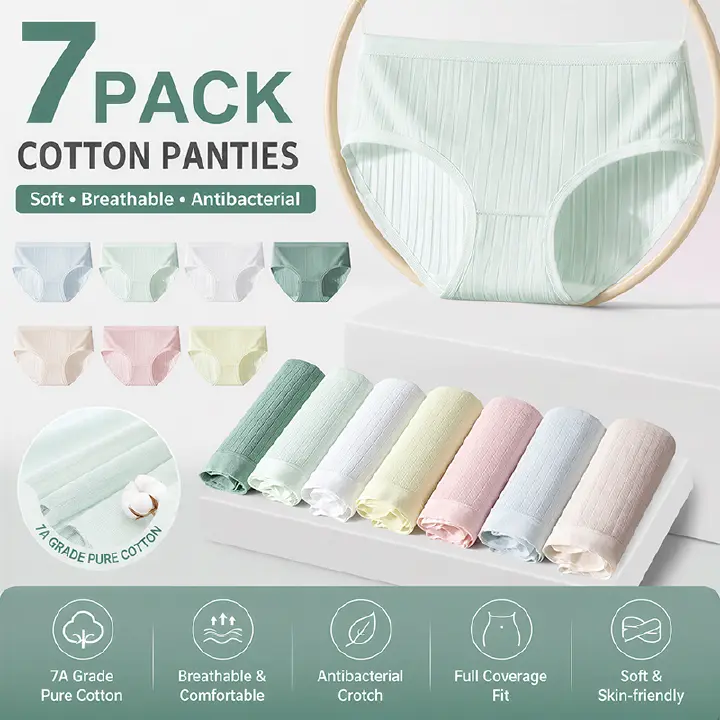 7 Pcs Women Clothes Pure Cotton Sports Style Women's Underwear Women's Panties Ladies Triangle Shorts No Trace Mid Waist Antibacterial Crotch Belly Hip Lift Seamless Breathable Woman Clothes